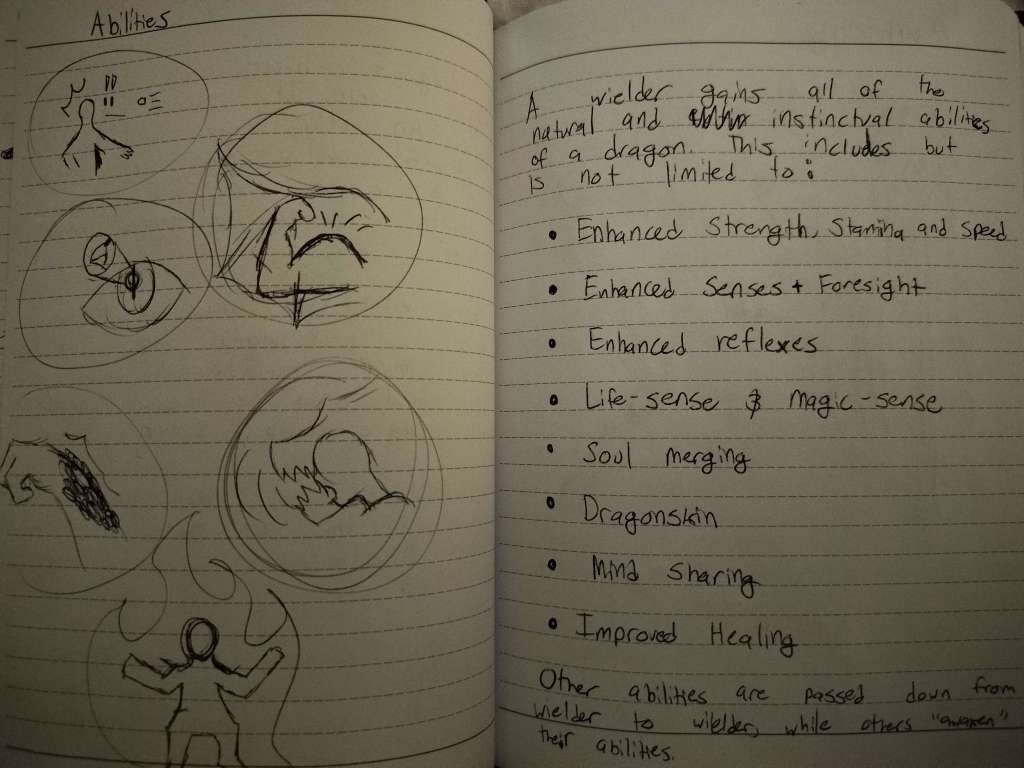 A wielder gains all of the natural and instinctual abilities of a dragon. This includes but is not limited to:
- Enhanced strength, stamina and speed
- Enhanced Senses + Foresight
- Enhanced Reflexes
- Life-sense & magic sense
- Soul Merge
- Dragonskin
- Mind Sharing
- Improved healing

Other abilities are passed down from wielder to wielder, while others "Awaken" their abilities. 