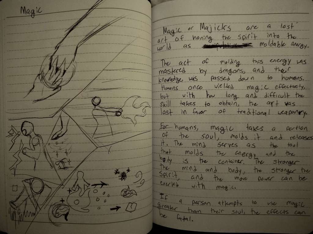 Magic or Majicks are a lost art of honing the spirit into the world as moldable energy. 

The act of molding this energy was mastered by dragons, and their knowledge was passed down to humans. Humans once wielded magic effectively, but with how long and difficult the skill takes to obtain, the art was lost in favor of traditional weaponry.

For humans, magic takes a portion of the soul, molds it and releases it. The mind serves as the ool that molds the energy and the body is the container. The stronger the mind and body, the stronger the spirit, and the more power can be exerted. 

If a person attempts to use magic greater than their soul, the effects can be fatal. 